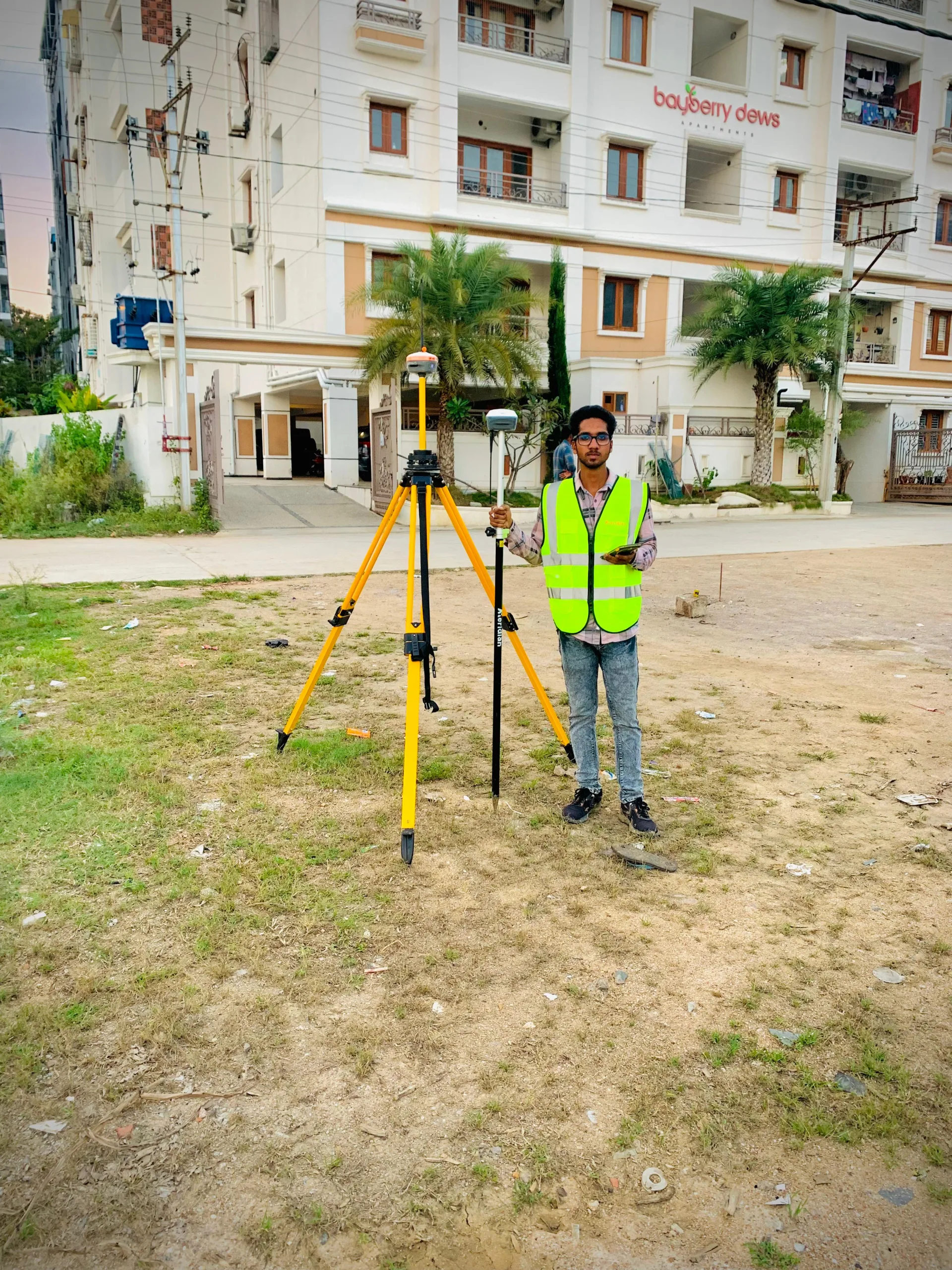 ARF GeoTech surveyor with a GNSS base station and rover set up at a residential project in Hyderabad